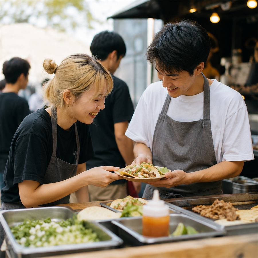 屋台でタコスを手渡すスタッフと受け取る人