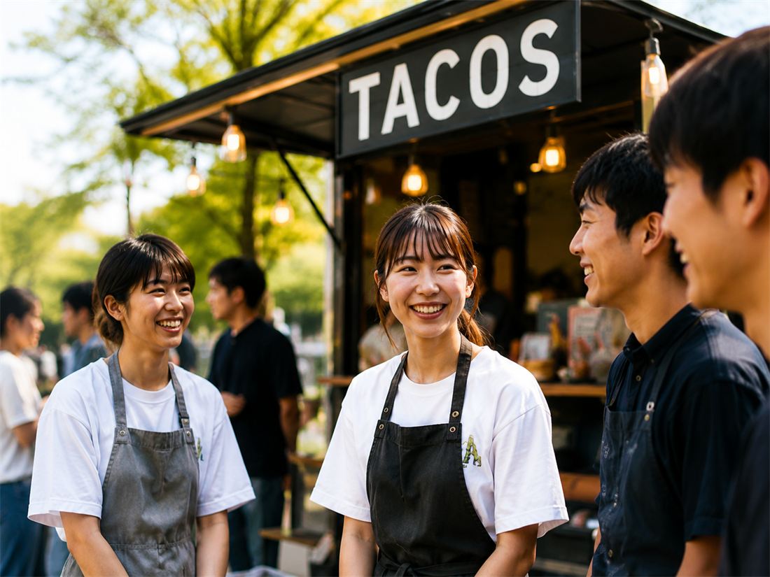キッチンカー「TACOS」の前で笑うTSPのメンバーたち